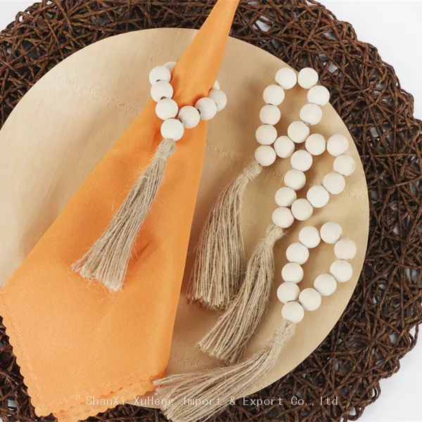 New Arrival Handmade Wood Beads Woven Natural Hemp Rope Tassel Napkin Rings photo-4
