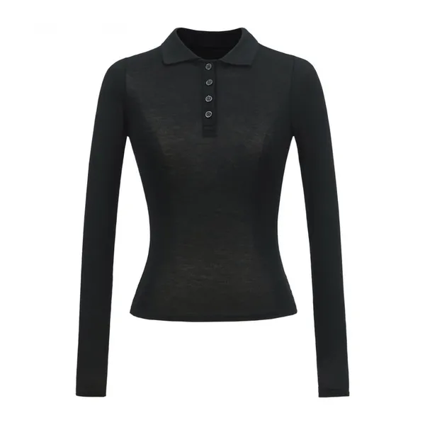 Hot Girl American T-shirt 2025 Pure Lust Style Slim Solid Colour POLO Collar Micro Transparent Shoulder Top photo-2