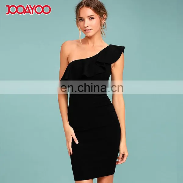 Ladies One Shoulder Ruffle Sheath Bandage Dress Fashion Bodycon Midi Dress photo-3