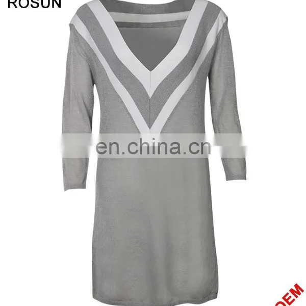 Ladies V-neckline Uniform Pattern Long Knit Dress in Gery photo-2