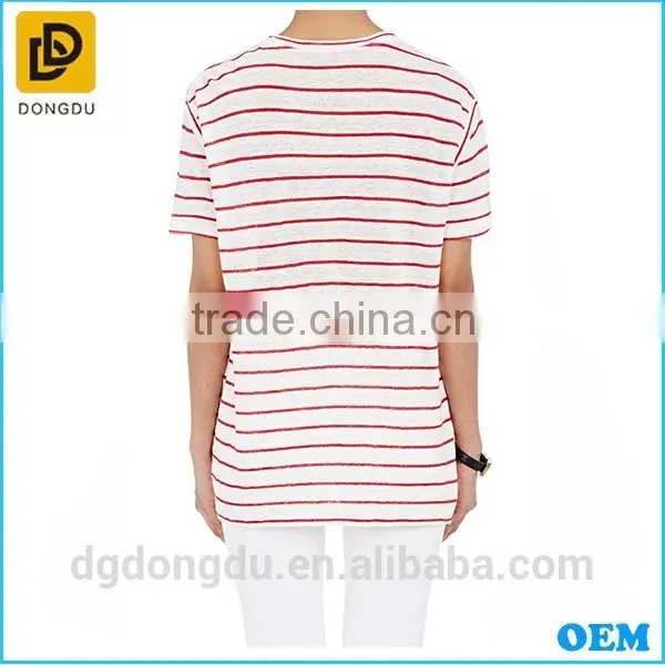 Wholesale 2016 Cheap Custom Pretty Quality Lady Striped Linen T-shirt photo-3