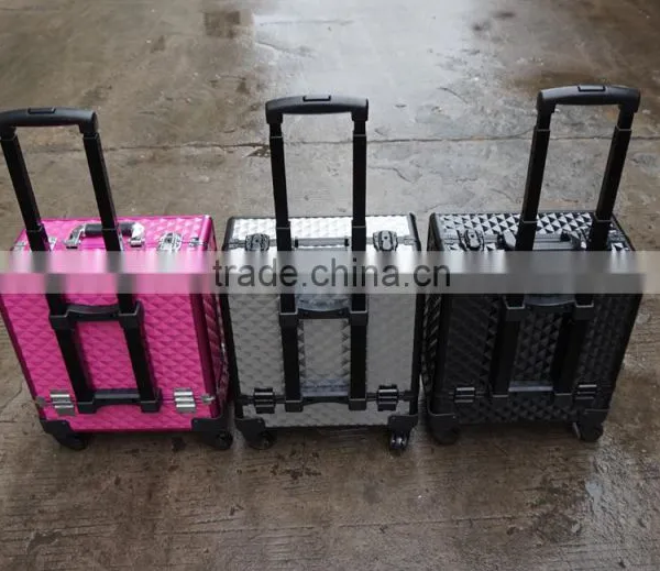 Professional Rolling Cosmetic Case w/ 8 Trays Black/Silver/Pink Diamond Aluminum(XY-877) photo-2