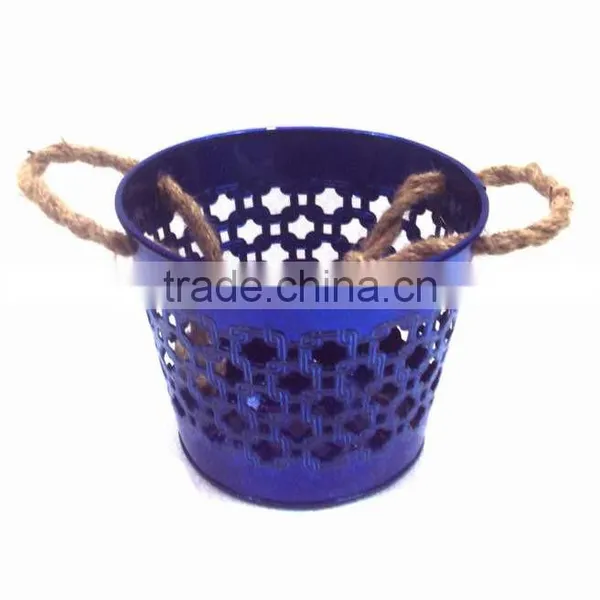 Blue Color Galvanized Metal Planter Pot With Jute Handle for Garden & Home photo-6