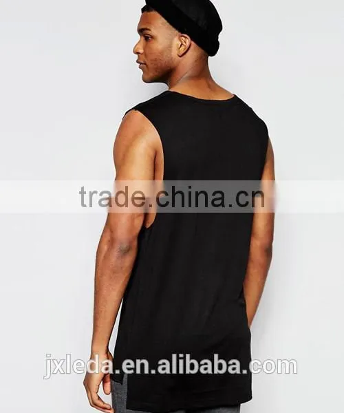 Men Summer 100% Cotton Jersey Longline Sleeveless Plain Black T-shirt Tank Tops OEM Custom photo-2