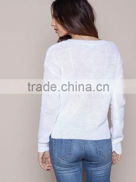MGOO New Arrival Women V Neck Sweaters Split Long Sleeves Knitted Fast Fashion Tops Plain White Sweaters photo-5