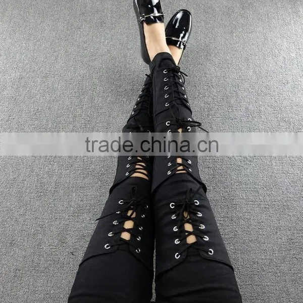 M1192 Runwaylover Hollow Cross Bandage Tight Pants Autumn Demin Pants photo-6