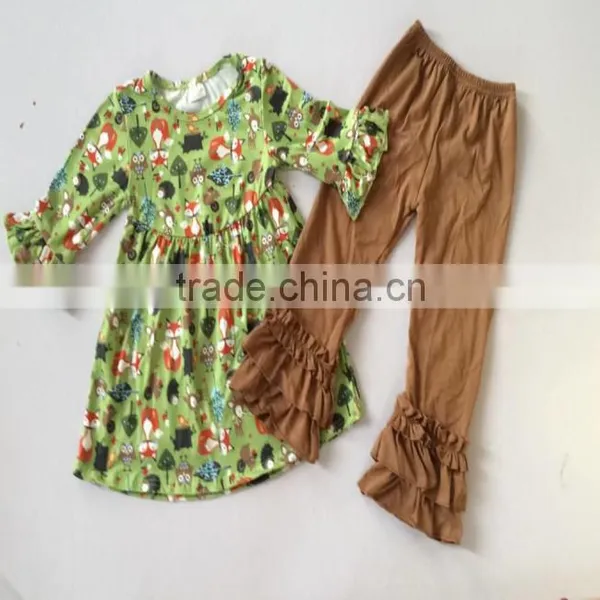 Wholesale Baby Girls Fancy Boutique Clothing Fall Printing Ruffle Top Clothing Sets Remake Outfits