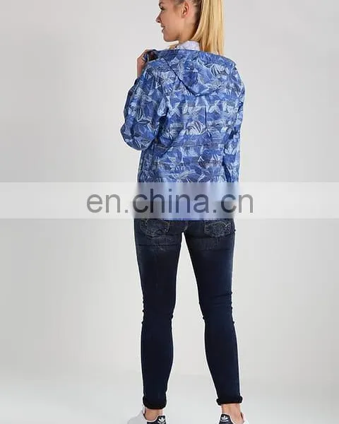 Blue Hooded Printed Women Custom Windbreaker Jacket photo-2
