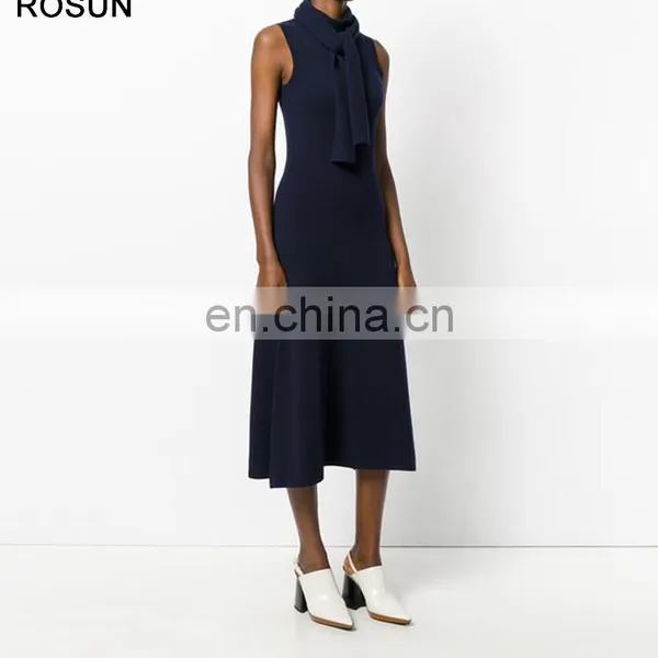 High Fashion Women 100% Wool Tie Neck Sweater Dress photo-6