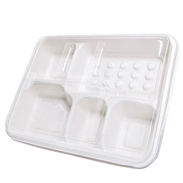 Biodegradable Rectangle 5-Compartment Plates Sugarcane pulp Bagasse Food Trays