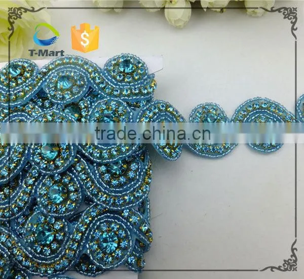 Blue Crystal Rhinestone Bridal Ribbon Belt Sash Applique Trim photo-3