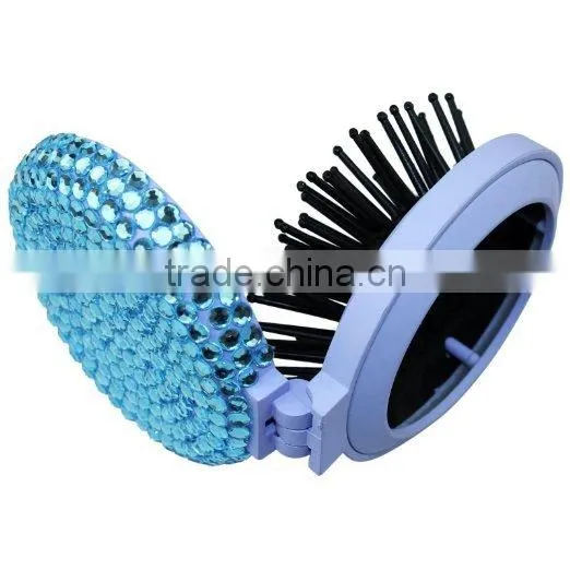Girls Travel Folding Hair Brush With Mirror Pocket Size Comb photo-2