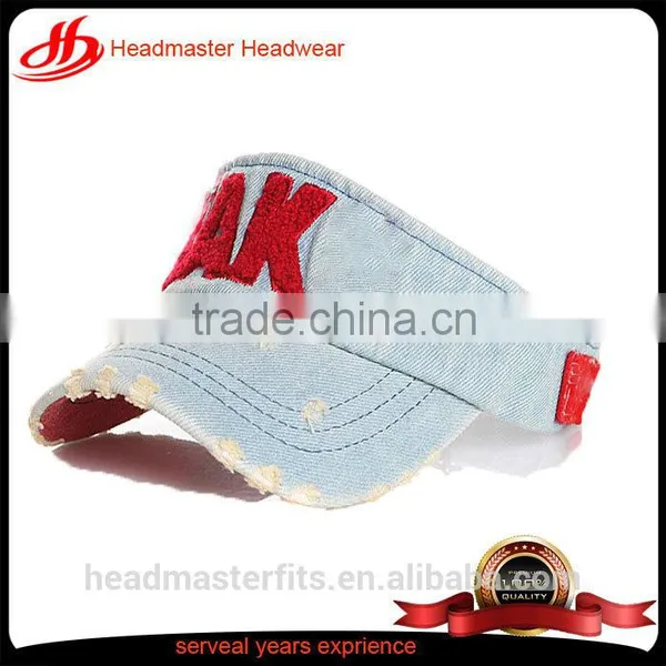 Custom Trendy Denim Distressed Washed Women Sun Visor With Embroidery photo-3