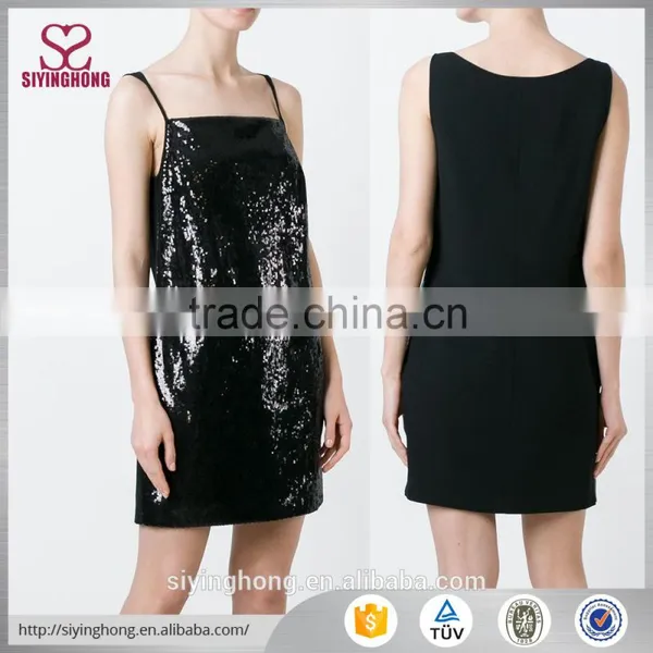 Shift Silhouette and a Short Length Square Neck Sleeveless Design Black Silk Sequin Embellished Dress for Women