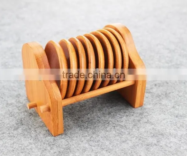 Tea Round Bamboo Wood Trivet Coaster Placemat Tool Set With Holder Rack photo-5