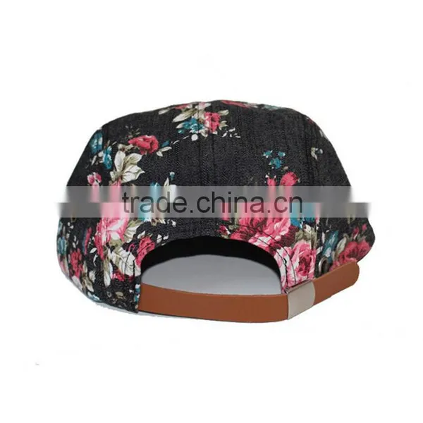 Floral 5 Panel Suede Brim Leather Snapback ,Custom All Over Print 5 Panel Hats,Custom Floral 5 Panel Snapback Hat Wholesale photo-2