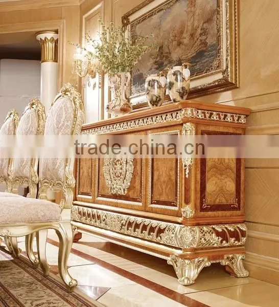 Luxury Gold Painted Decorative Side Cabinet, Dining Room Wooden Sideboard, Antique Carved Wooden Buffet photo-2