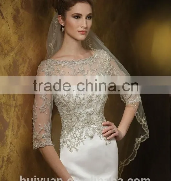 Sexy Satin Lace Baeded Long Sleeve Open Back Wedding Dress photo-2