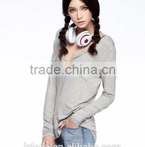Slim Fit Women Gray Long Sleeve Large V-neck t Shirt photo-5