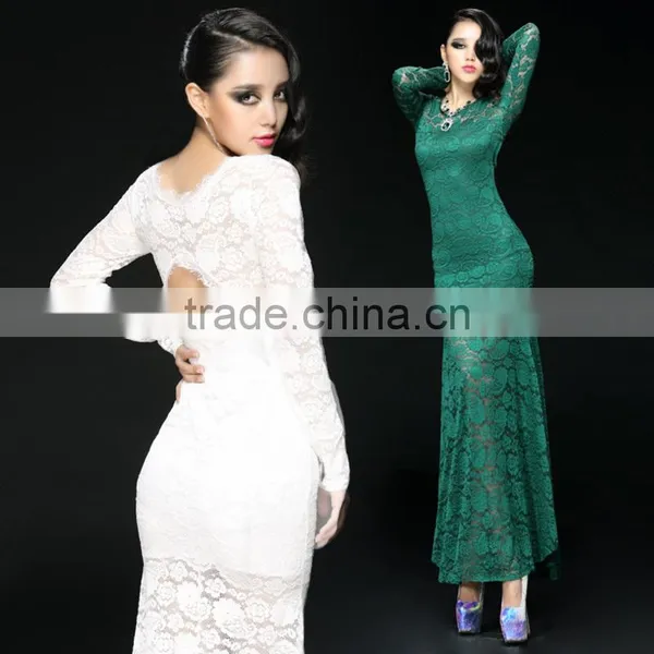 Hot Selling New Designed Long Sleeve Lace Evening Gown Back Open Ladies Bodycon Design Long Sleeve Lace Evening Gown