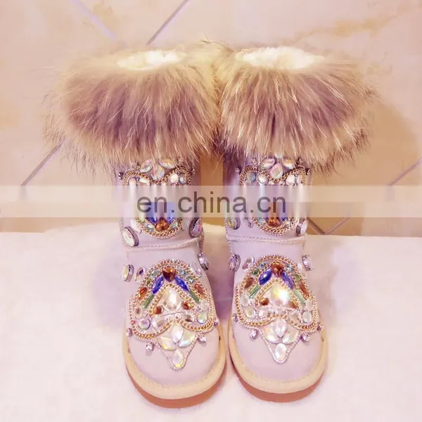 Aidocrystal Handmade Women Fur Snow Boots With Rhinestone photo-4