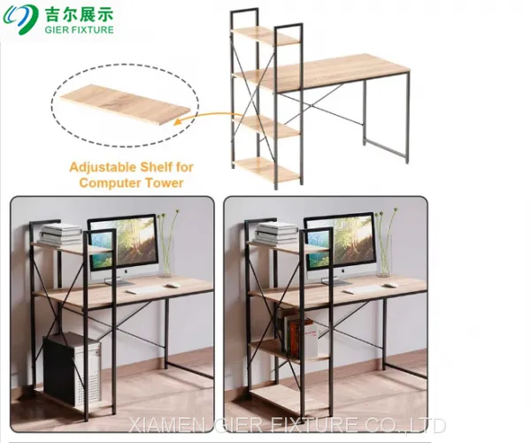 Wooden Metal Frame Computer Desk With Bookcase Furniture for Office and Home photo-3