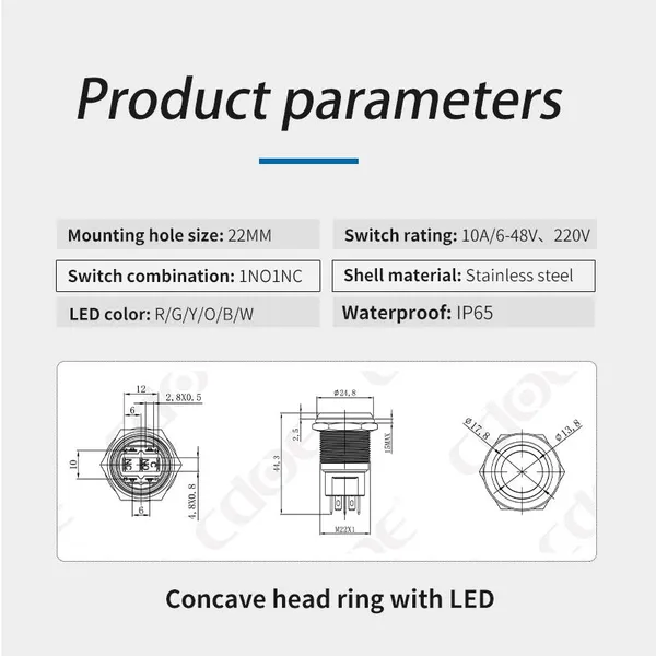Ip65 22mm ss Ring Illumination Head 1no1nc 6v 5 Pin Push Button Switch Momentary photo-3