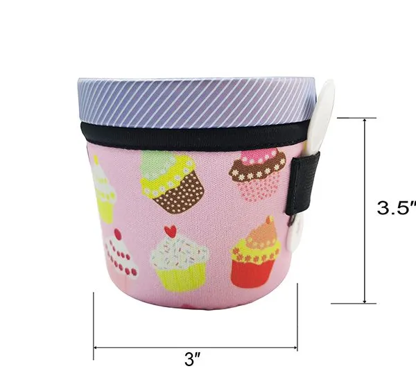 Custom Print Waterproof Iced Cream Pint Glass Neoprene Insulator Ice Cream Holder With Elastic Loop Spoon Holder photo-4