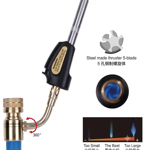 WT‑SS Self‑Igniting MAPP Gas Torch, 360° Swivel Stainless Steel Tip High‑Heat Brazing Blowtorch