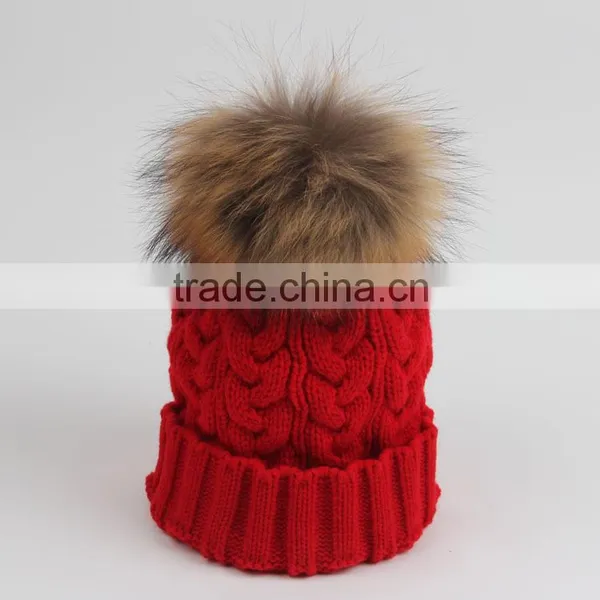 2015 New Designed Women Raccoon Fur Ball Twist Wool Hat Ladies Fashion Winter Knitted Warm Hats photo-2