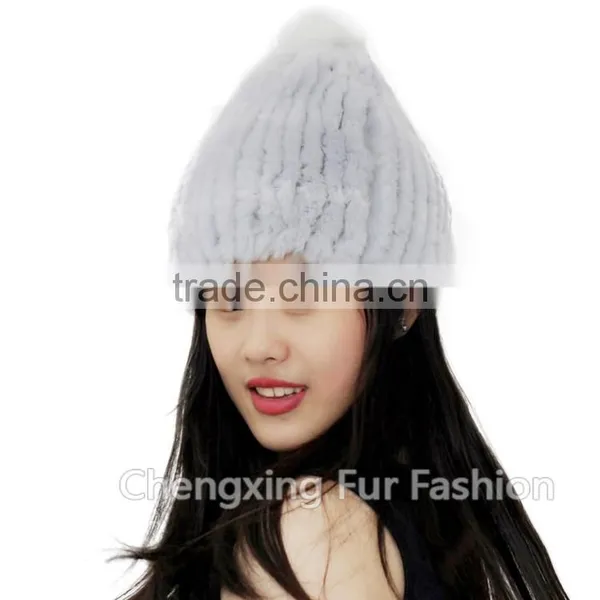 CX-C-58K Hand Knitted Genuine Rex Fur Beanie Hat With Fox Fur Ball photo-2