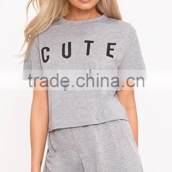 Cheap Price Custom Logo Print Ladies Pajamas Short Pyjama Summer Grey Loungwear Set photo-3