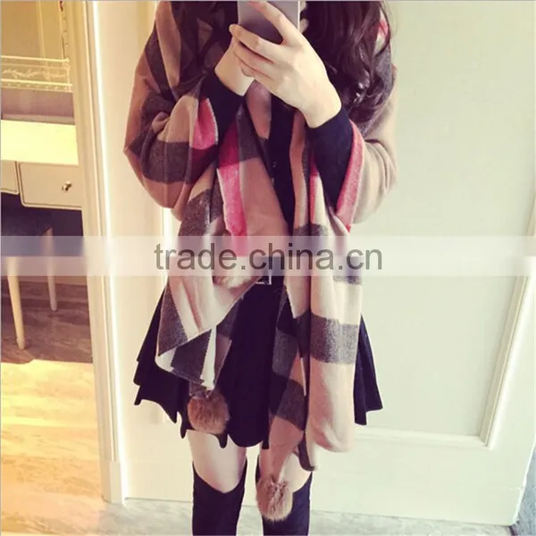 Classic Jacquard Cashmere Checked Plaid Acrylic Long Pompom Plush Ball Scarf photo-2