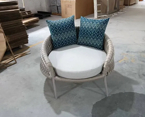 Modern Hand Woven Rope Single Outdoor Lounge Chair, Round Balcony Patio Accent Armchair With Waterproof Cushion & Decor Pillows