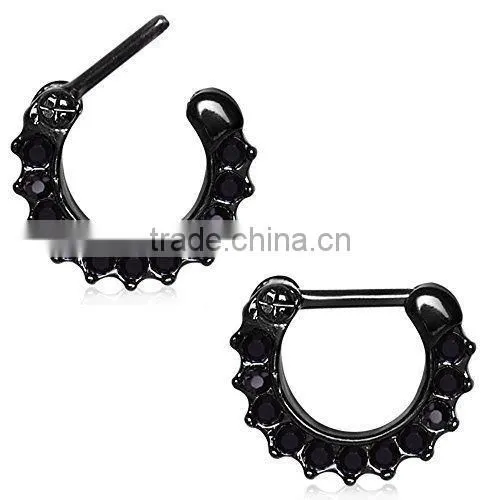 Black Septum Clicker 14g Bar PVD Plated Gemmed Septum Ring