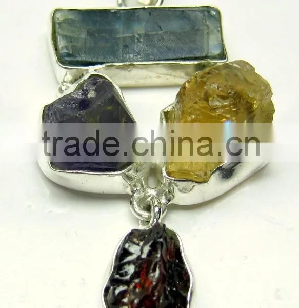 Kyanite Amethyst Citrine & Garnet Rough Gemstone Pendant, 925 Solid Sterling Silver Pendant, Designer Raw Bezel Pendant photo-2