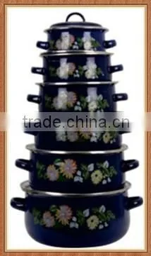 High Quality Black Colorful Decal Enamel Cookware Set Pot 6 Pcs Stock Belly Pot With Double Handle