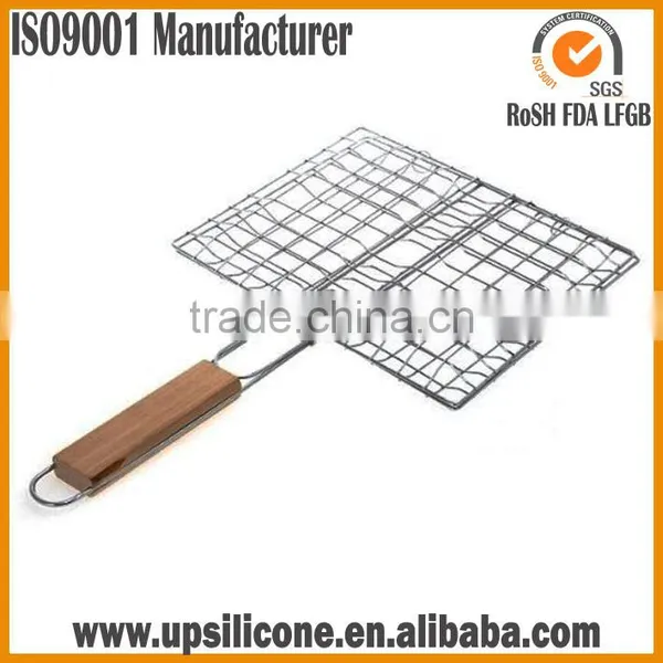 Non-Stick BBQ Fish Grilling Basket / Grill Stainless Steel Wire Mesh/BBQ Grill Mesh With Wooden Handle/Grill Lattice photo-4
