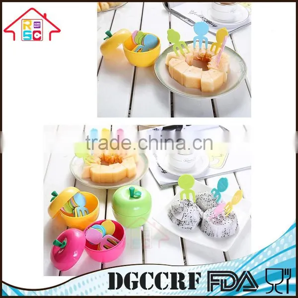1Set Apple Box 10 PCS Plastic Fruit Fork Stand Container Kids Cake Dessert Forks photo-3