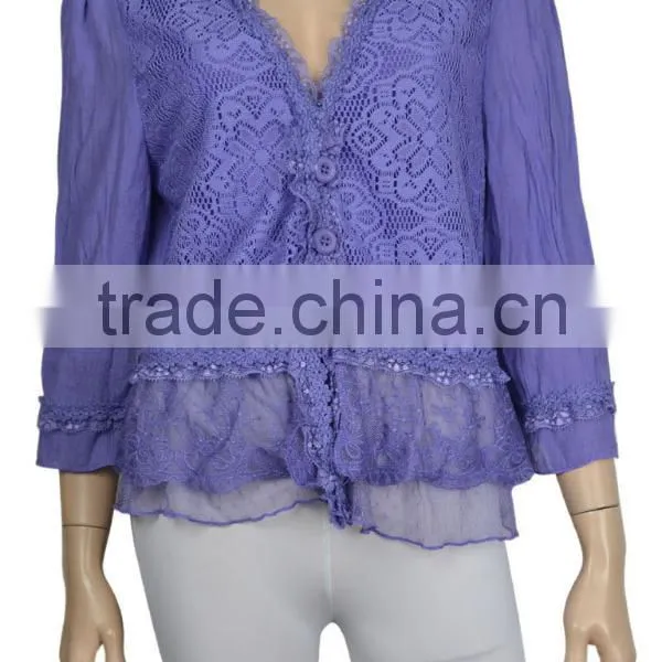 Trimming Lace Buttoned Shirt Green / Light Green Linen Blend Lace Front Closure Jacket photo-4