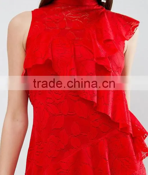 China Women Clothing Manufacturer Red Sexy Lace Ruffle Mini Dress photo-5