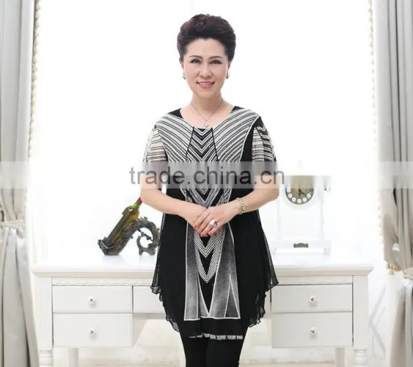 Middle Aged Ladies Elegant Beaded Black and White Printed Short Sleeve Lace Blouses photo-2
