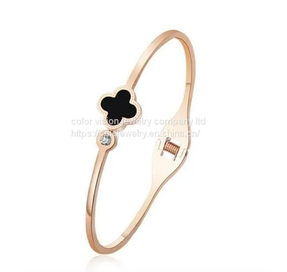 Clover Open Customized Engraved Cuff Bracelet Stainless Steel Bangle