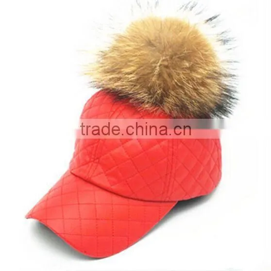 Fashion Genuine Raccoon Fur Pompom Hat New PU Leather Baseball Snapback Cap Unisex Woman Man Hat With Real Raccoon Fur Balls photo-3