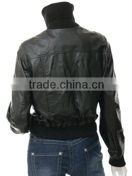 Ladies Leather Jacket & Long Collar Style With Rib and Buttons photo-2