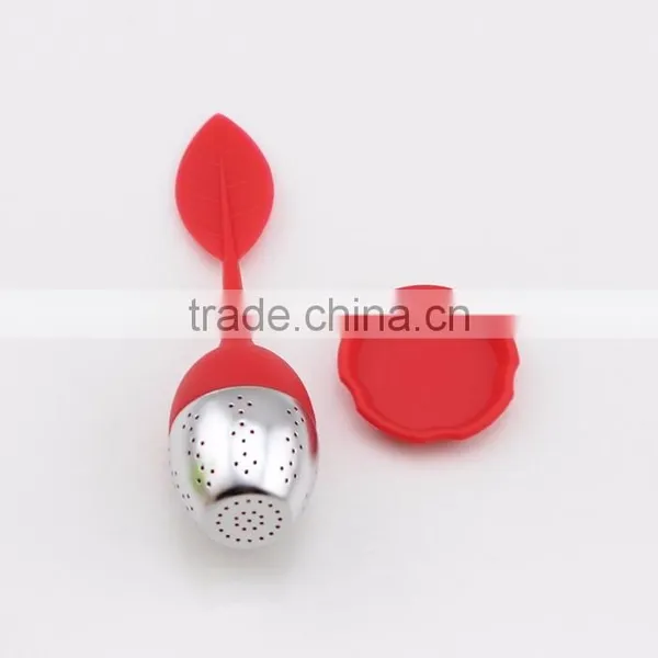Red Color Stainless Steel Tea Infuser With Silicone Leaf Handle and Drip Tray photo-3