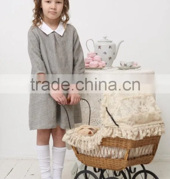 Wholesale Children's Boutique Clothing Spring Summer Girl Dress of 9 Years Old Half Sleeve Peter Pan Collar Vintage Linen Dress photo-2