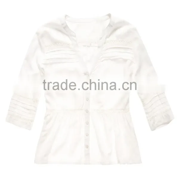2016 Guangzhou Shandao OEM/ODM Custom Design Women Autumn 3/4 Sleeve V Neck Ruffle Bottom Cotton White Tops photo-6