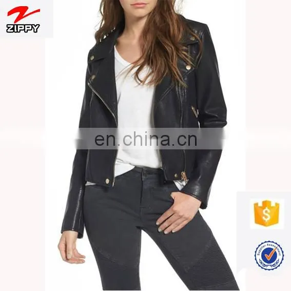 High Quality Custom Your Deisgn Women Fashion Motocycle Biker Black Short Genuine Leather Jacket Made in China