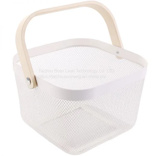 Simple Nordic Style Vegetable Fruit Condiment Caddy Basket Wooden Handle Metal Wire Storage Laundry Basket photo-2
